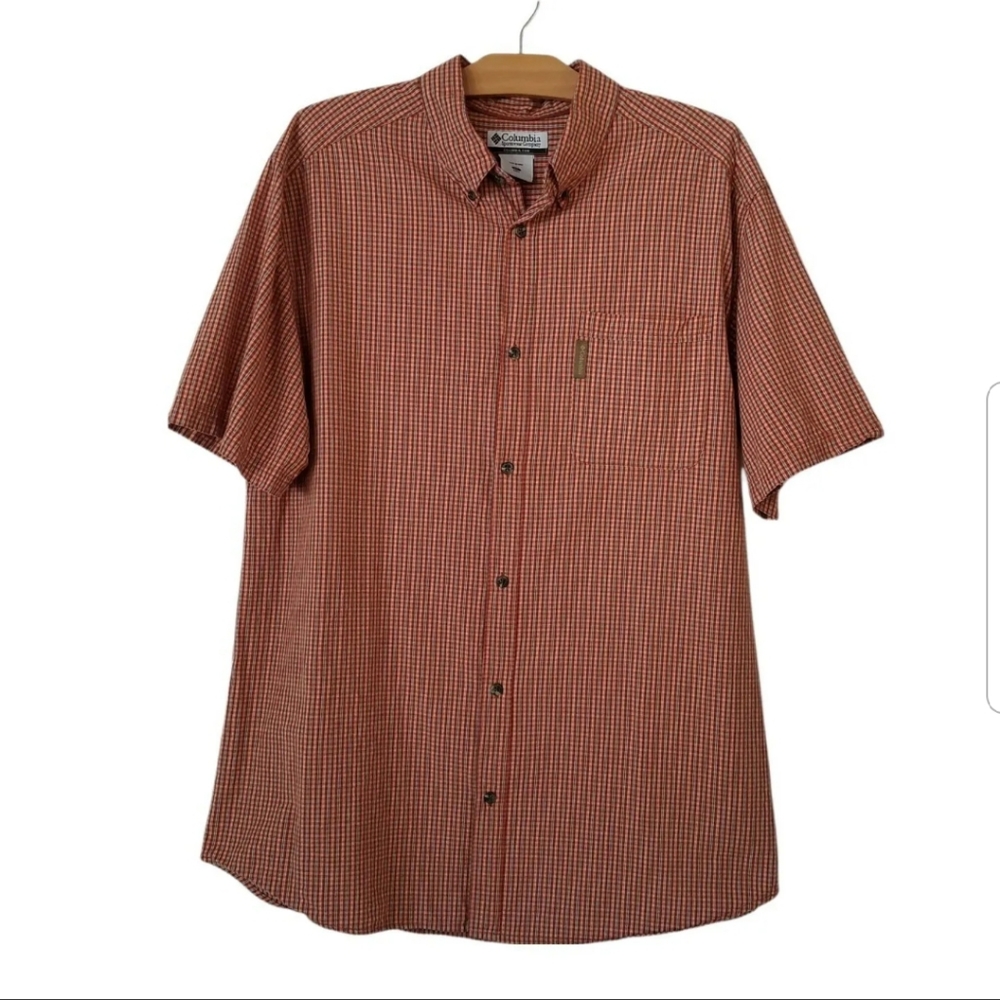 Columbia Sportswear Mens XL Button Down Short Sleeve Shirt Orange White Blue